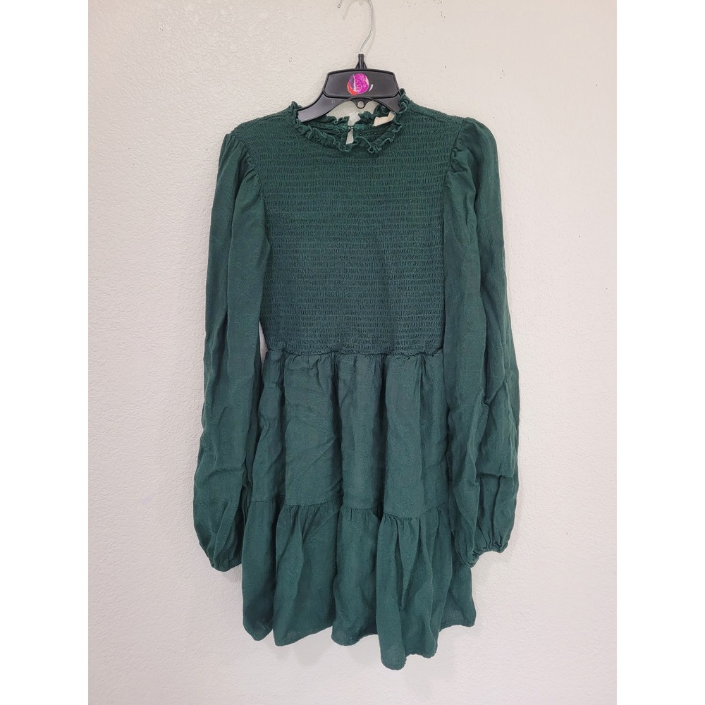 Altar'd State Elphie Smocked Tiered‎ Mini Dress Green Ruffle Long Sleeve S #18